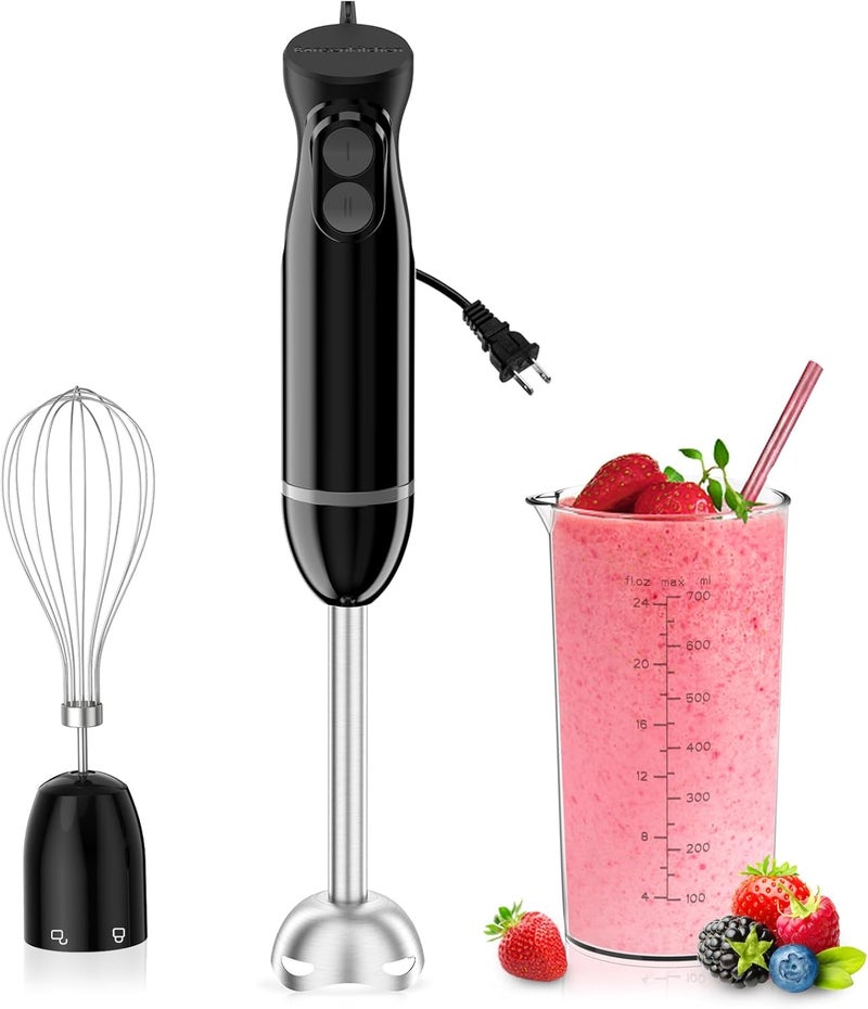 Bonsenkitchen Immersion Blender Handheld, 2 Mixing Speed Hand Blender Electric with Sharp Blades, 3-In-1 Hand Held Stick Blender with Egg Whisk, 24oz Beaker for Soups, Smoothies, Sauce - Image 1